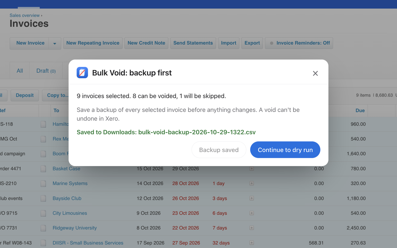 Bulk Void in Xero asking for a backup first: 9 invoices selected, 8 can be voided, and the backup CSV has been saved to Downloads.