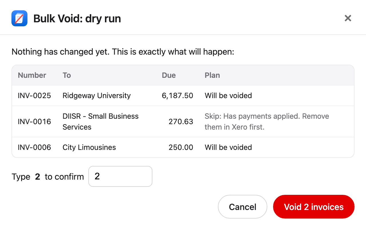 Bulk Void's dry run in Xero: two invoices will be voided, one is skipped because it has a payment, and a box asks you to type 2 to confirm.