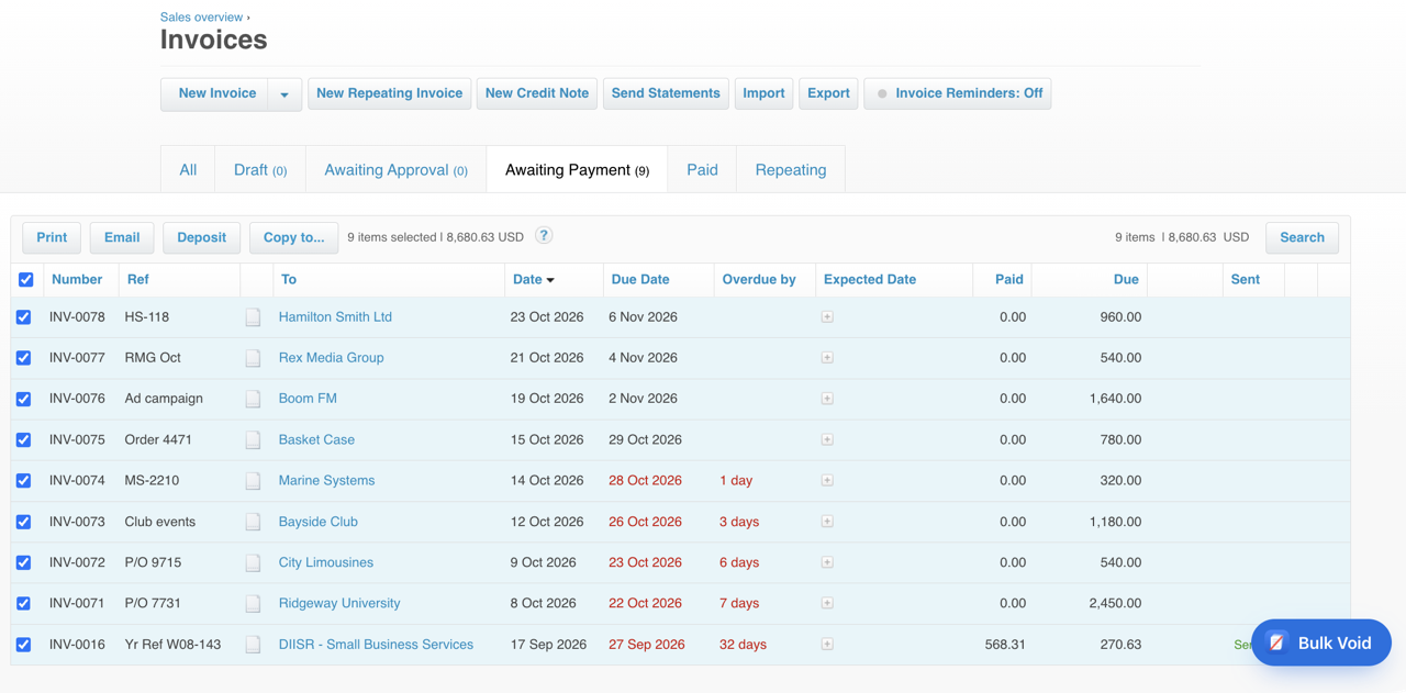 Xero's Awaiting Payment sales invoices list with nine invoices ticked and the Bulk Void button in the corner.