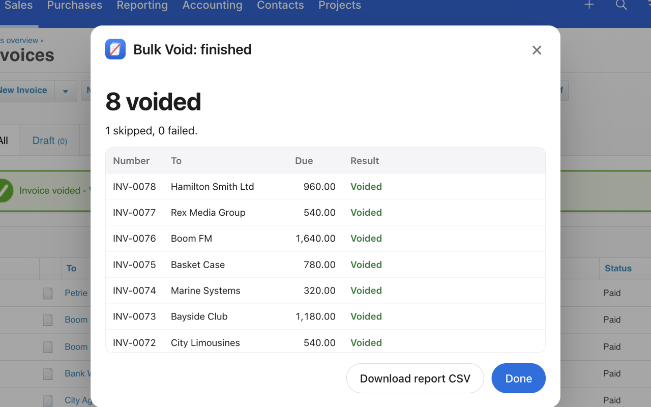 Bulk Void's report after a run in Xero: 8 invoices voided, 1 skipped, 0 failed, with each invoice listed as Voided.